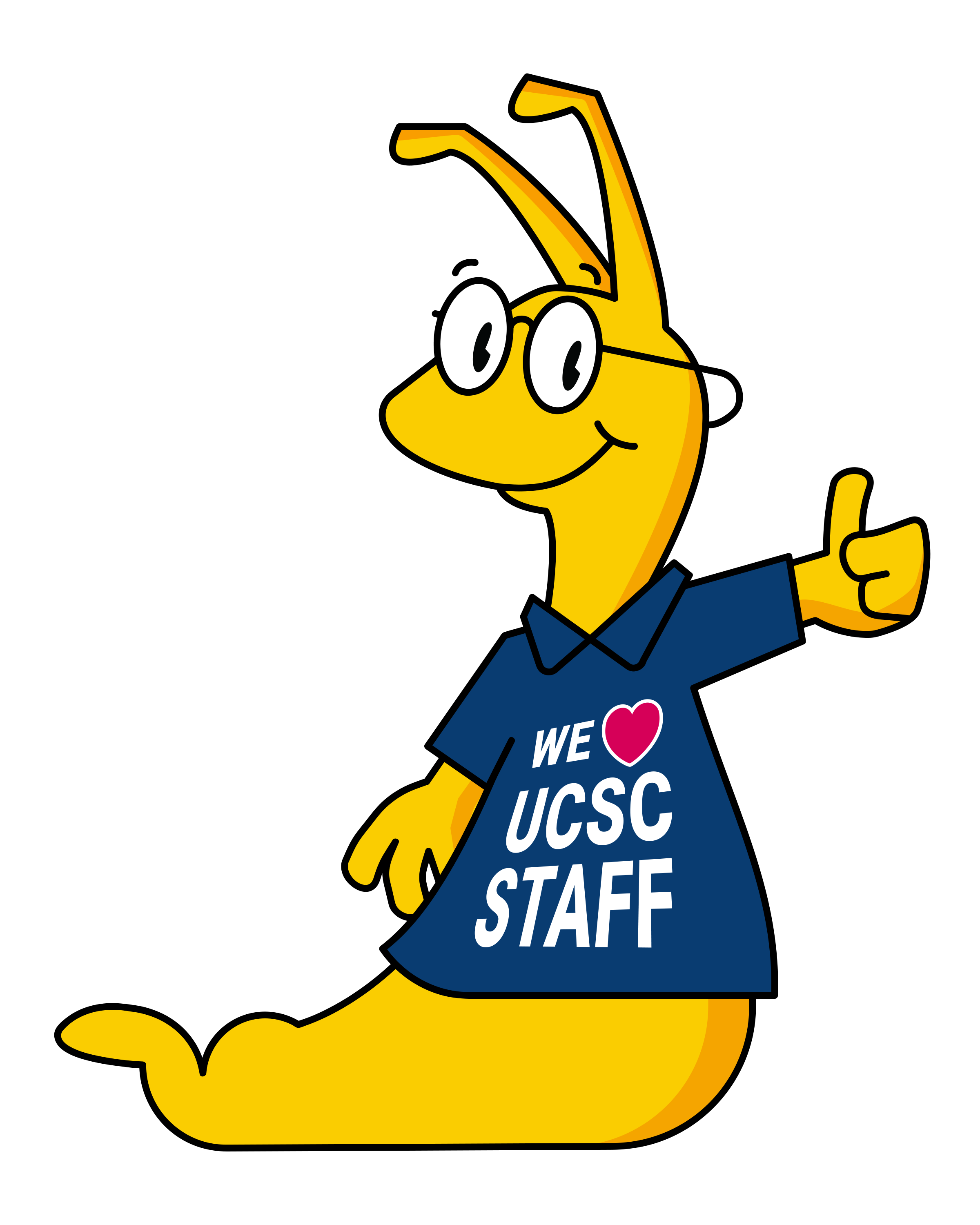 Thumbs up Sammy the slug wearing a shirt that says "We heart UCSC Staff"